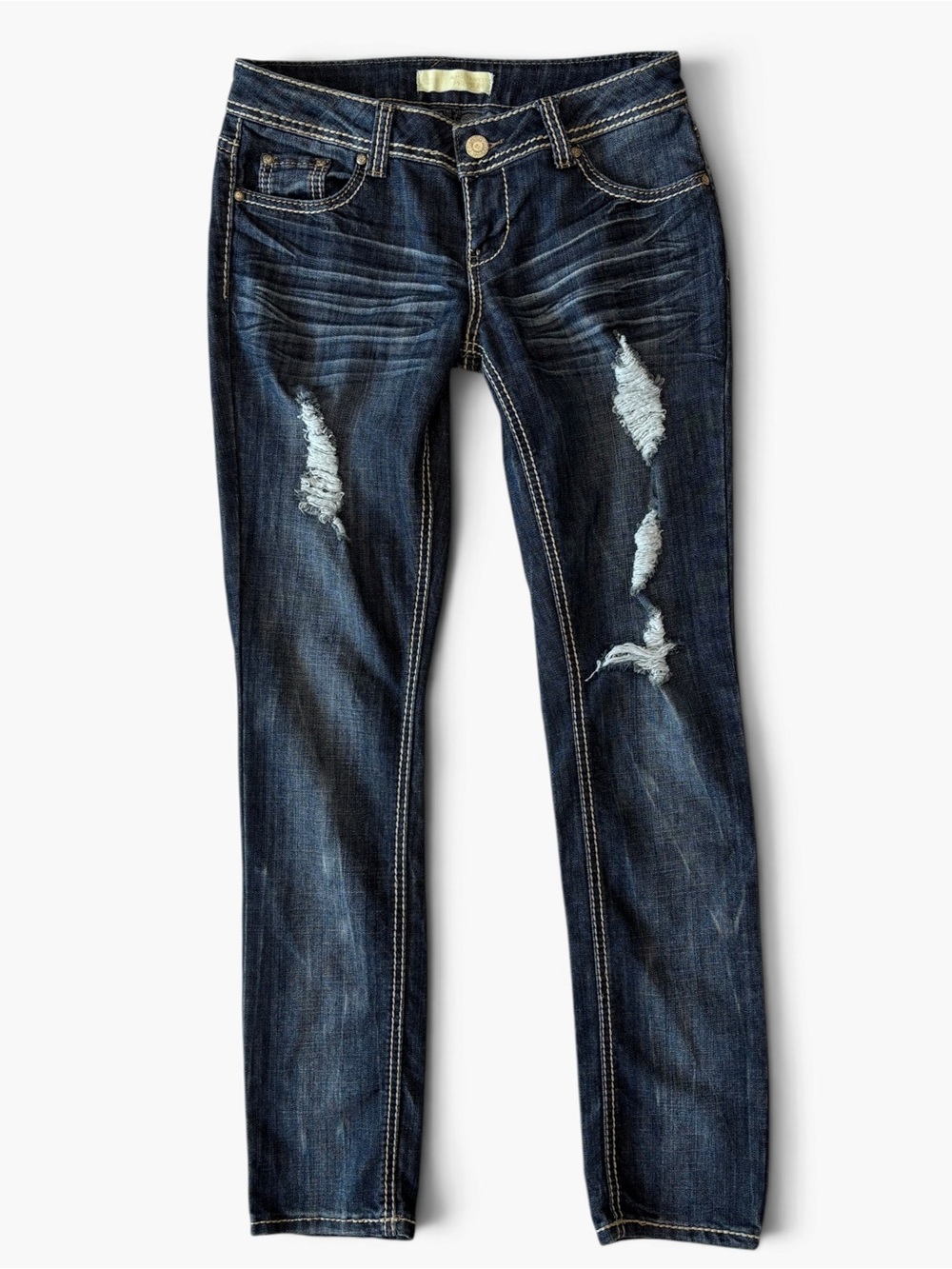 Almost Famous Premium Jeans Size 9 Dark Wash Distressed Low Rise Skinny Y2K
